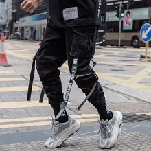 Load image into Gallery viewer, Men Hip Hop Black Cargo Pants joggers Sweatpants Overalls Men Ribbons Streetwear Harem Pants Women Fashions Trousers
